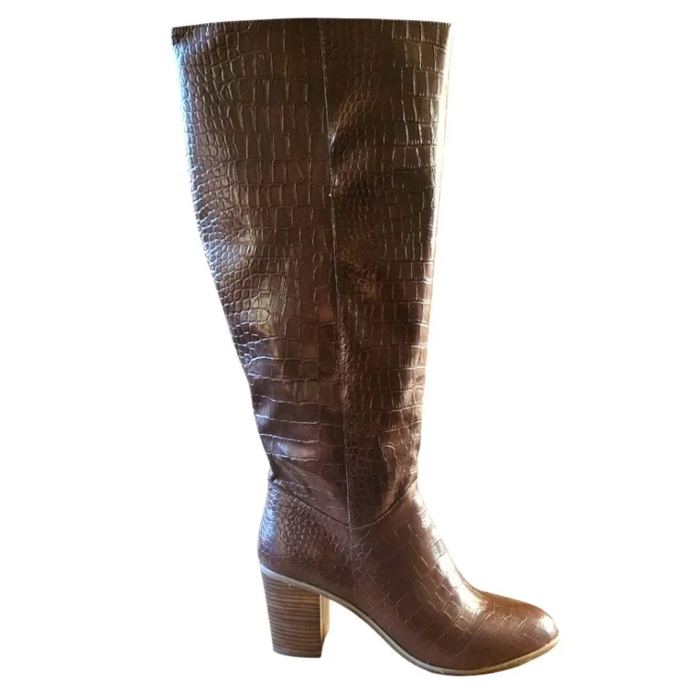 BC Footwear Make An Impact Vegan Croc-Embossed Stacked Heel Knee-High Boots 10M